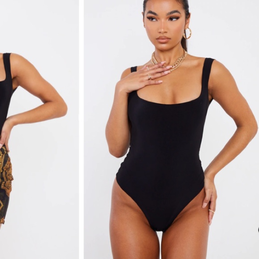 Black Second Skin Square Neck Sleeveless Thong Bodysuit